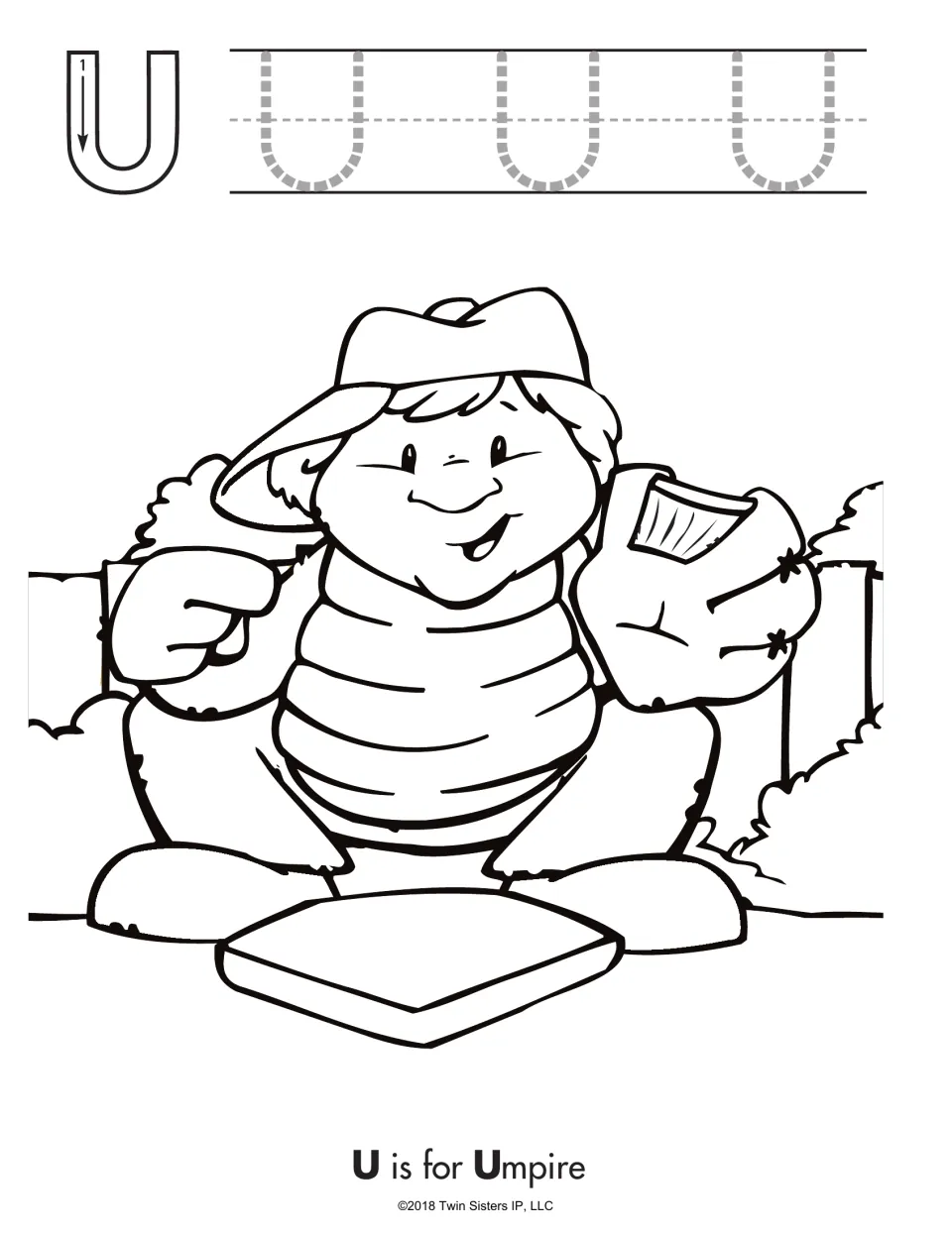 U is for Umpire: students trace the uppercase U three times and color an umpire crouched behind home plate