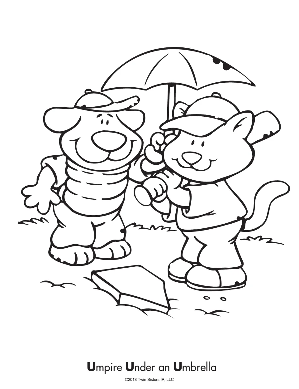 Umpire Under an Umbrella: students color a bear umpire and a cat in a ball cap holding an umbrella by home plate