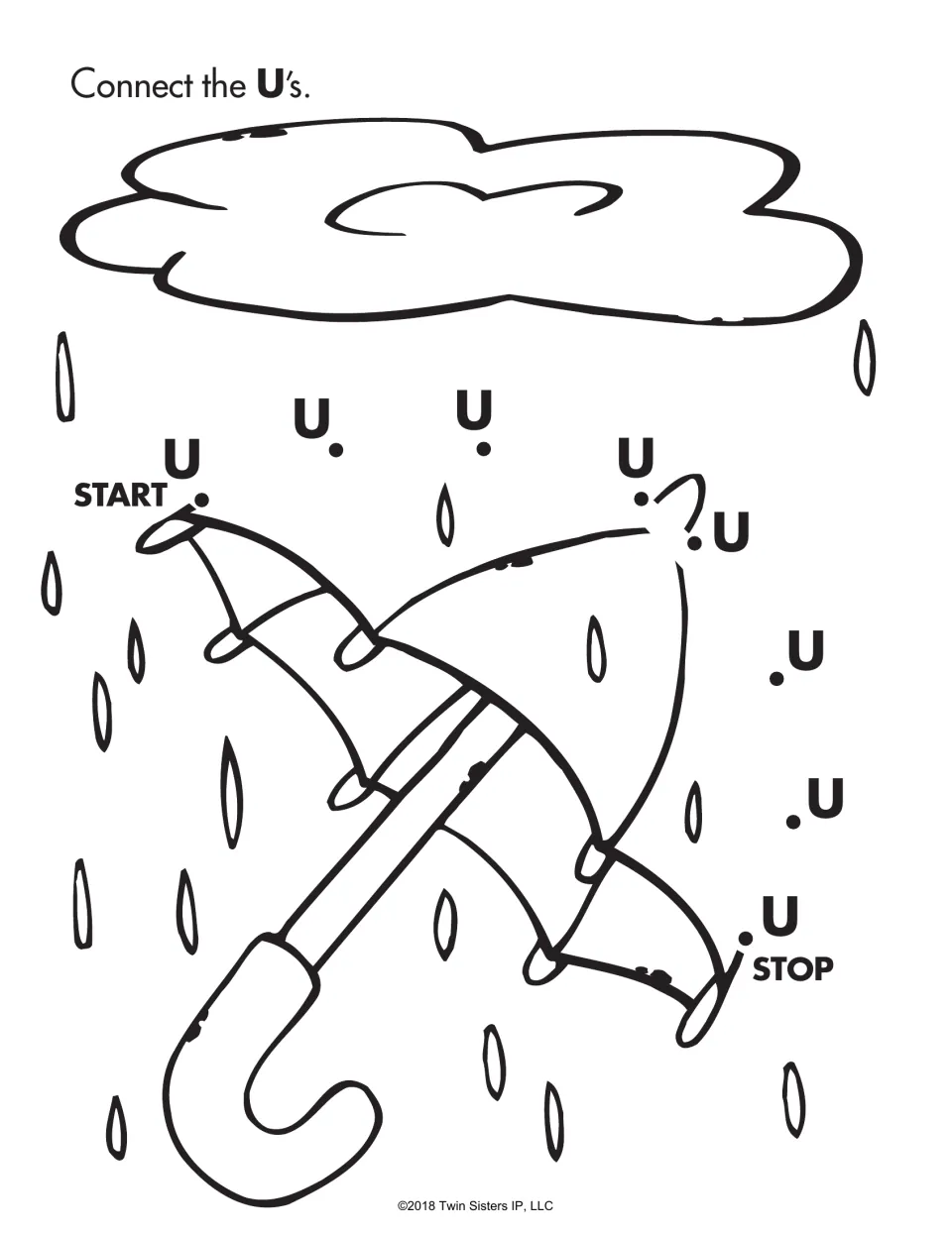 Letter U recognition: students connect the U dots from START to STOP to finish an umbrella under a rain cloud