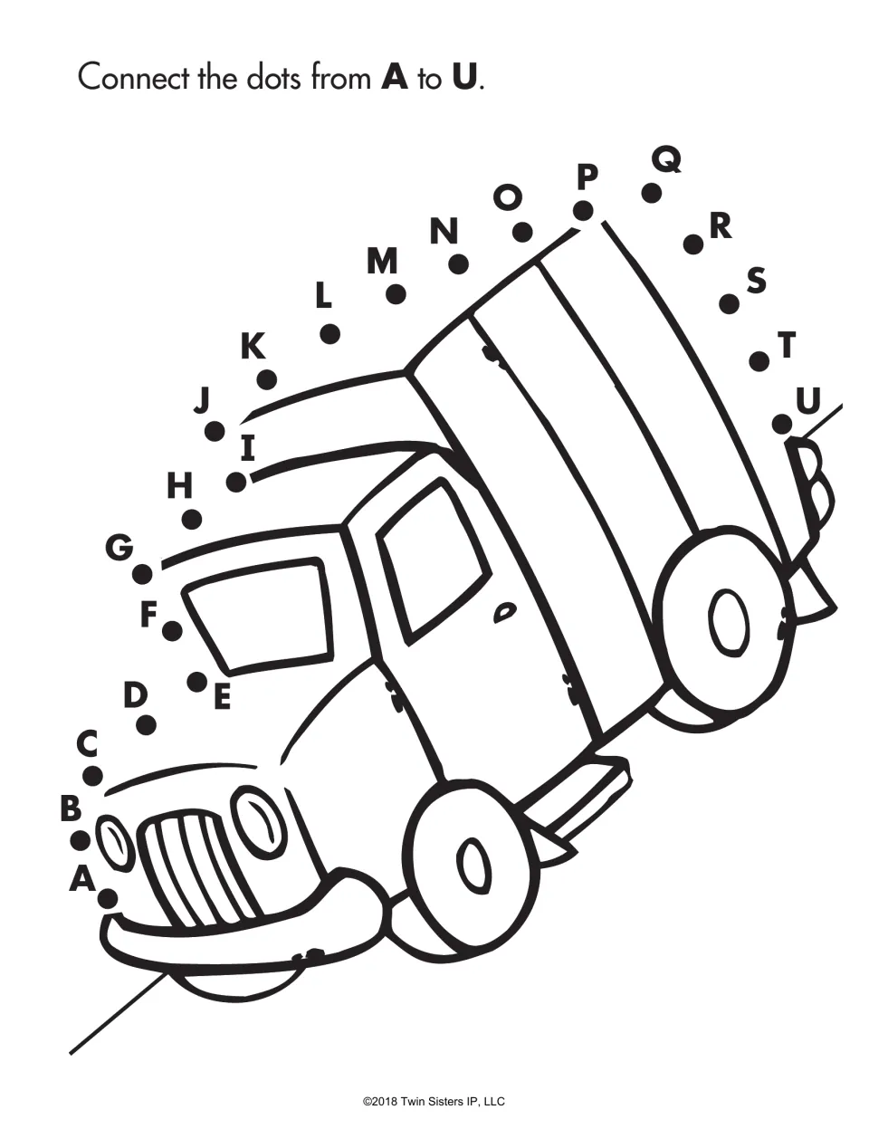 Alphabetical dot-to-dot: students connect the dots from A to U to complete the outline of a tilted delivery truck