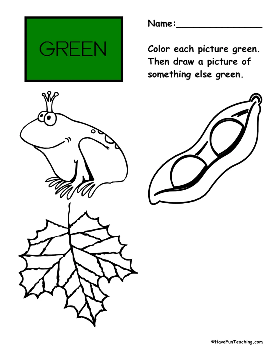 Recognizing green: students color a crowned frog, a pea pod and a leaf, then draw one more thing of that shade