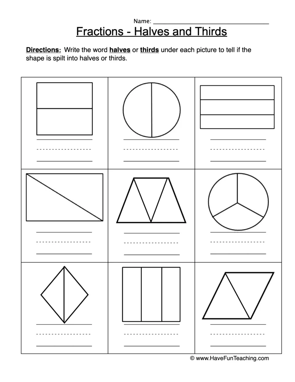 Fractions, halves and thirds: students write halves or thirds under 9 split shapes, including circles and a trapezoid