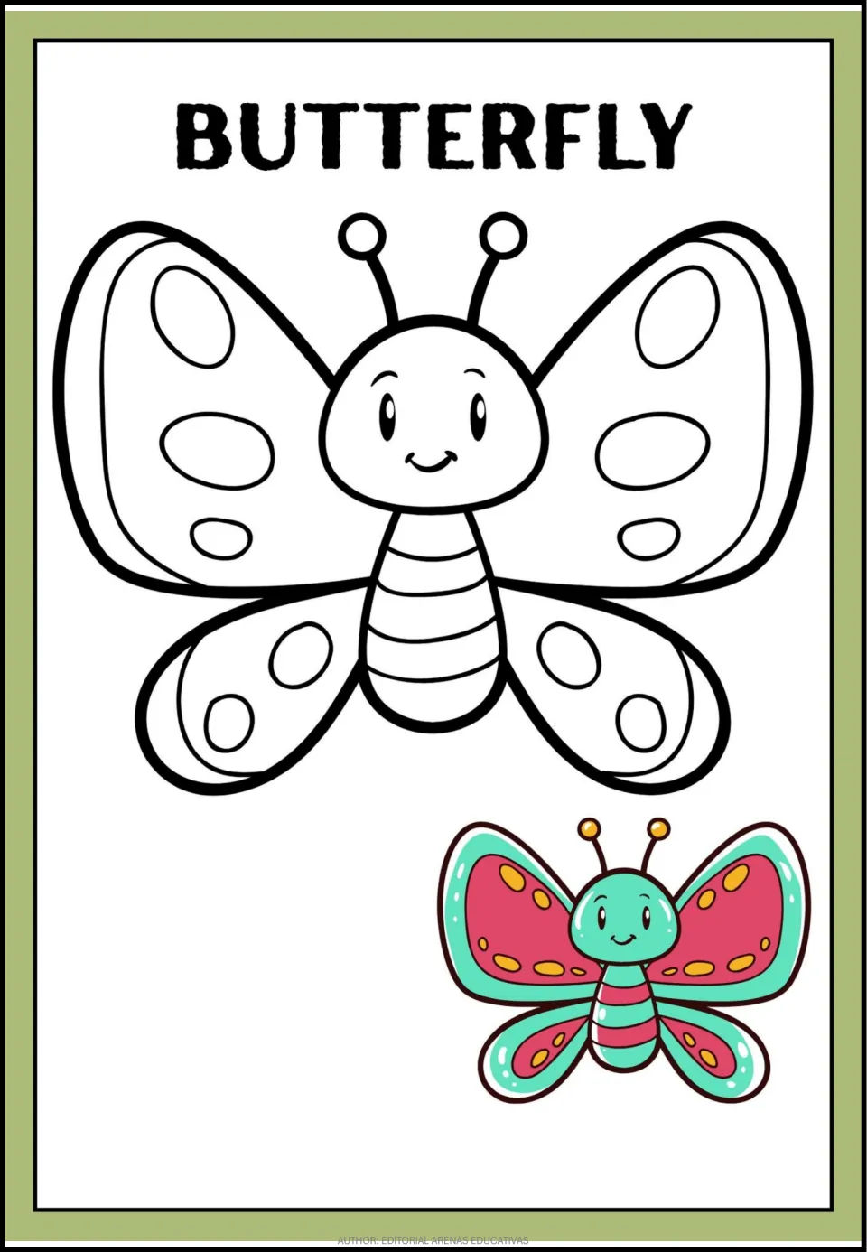 Butterfly coloring page: students color a smiling butterfly outline with spotted wings, using a teal and pink model
