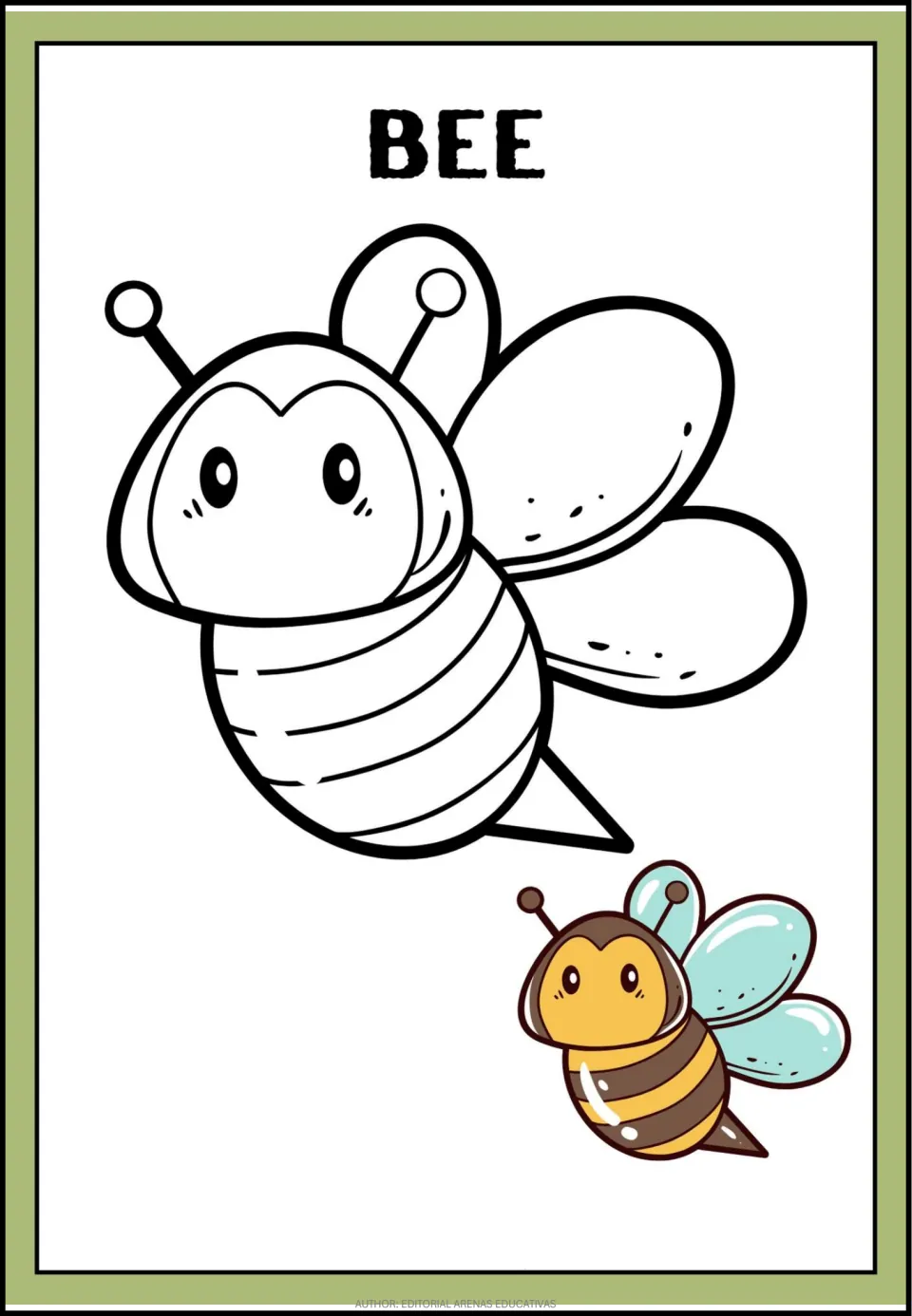 Bee coloring page: students color a round striped bee outline with oval wings, copying the small yellow and brown bee
