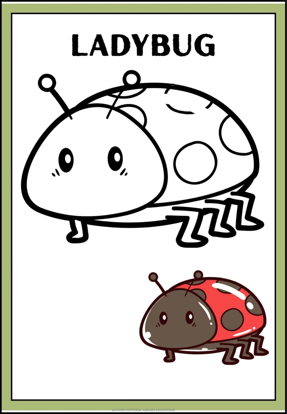 Ladybug coloring page: students color a spotted ladybug outline, following the small red and brown ladybug example