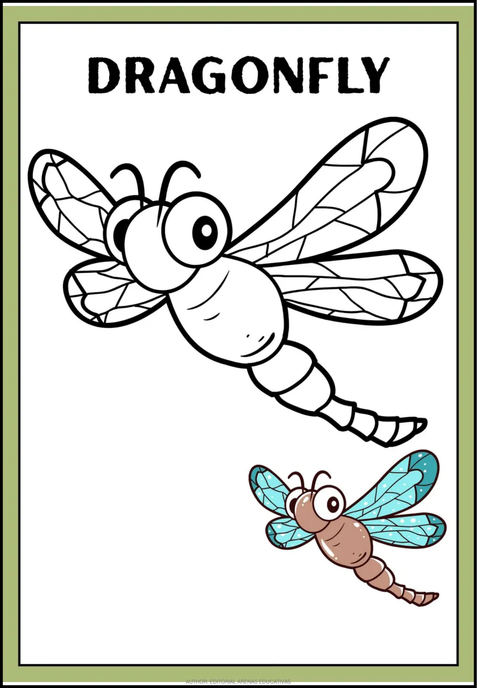 Dragonfly coloring page: students color a dragonfly outline with big eyes and veined wings, matching a blue-winged model