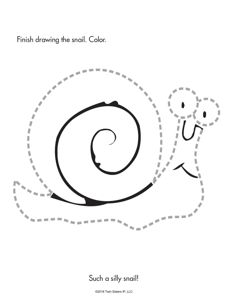Silly snail tracing: students trace the dashed lines to finish the snail's shell, body and eyes, then color it in