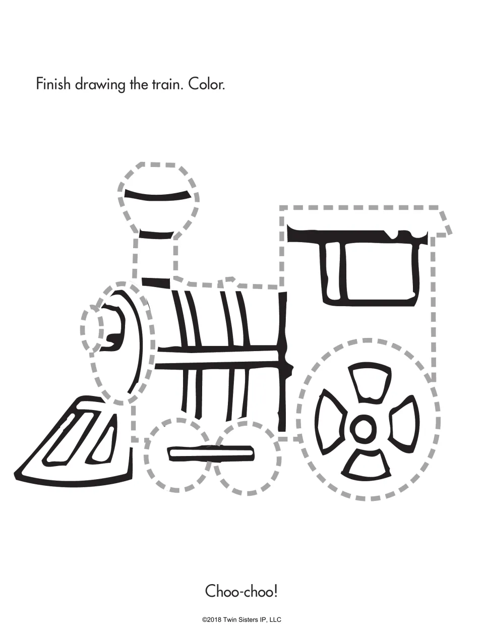Steam train tracing: students follow dashed lines to complete the engine's smokestack, cab and wheels, then color