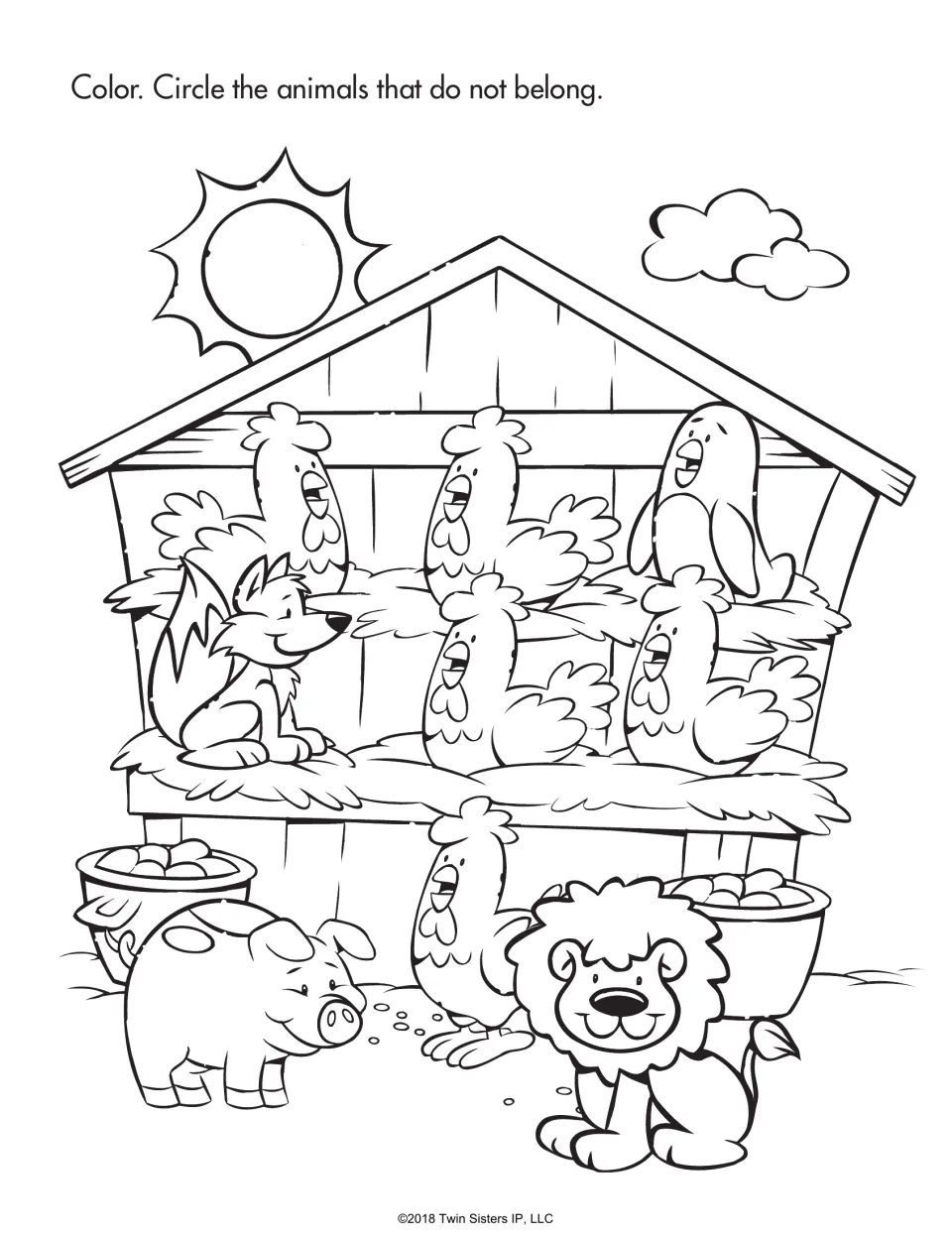 Henhouse scene: students color and circle animals that do not belong with the hens, like a fox, lion, pig and penguin