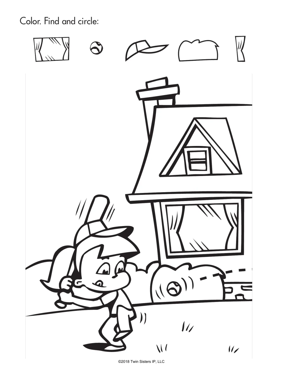 Hidden pictures: a child bats by a house; students find and circle a window, ball, cap and 2 more pieces, then color