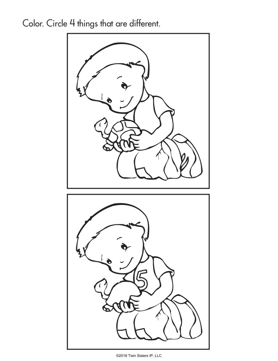 Spot the difference: two pictures of a child holding a turtle; students circle 4 things that are different, then color