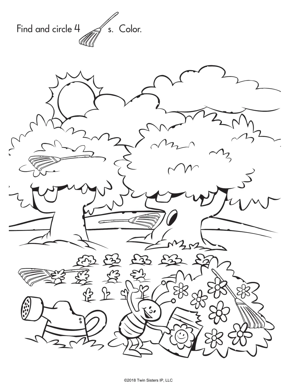 Garden hidden pictures: students find and circle 4 rakes hidden in the trees, plants and flowers, then color the scene