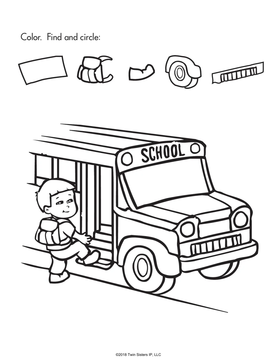 School bus hidden pictures: students find and circle a backpack, wheel, grille and 2 more pieces, then color
