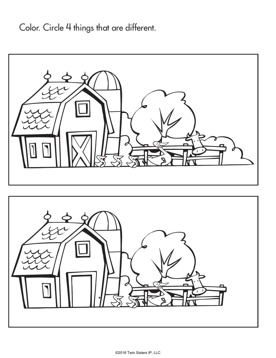 Farm spot the difference: two barn scenes with a silo, ducks and a cow; students circle 4 differences, then color