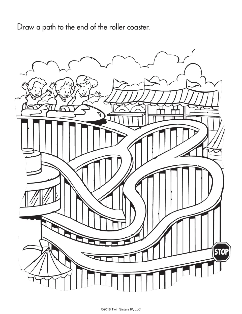 Roller coaster maze: students draw a path along the twisting track from the riders' car to the STOP sign at the end