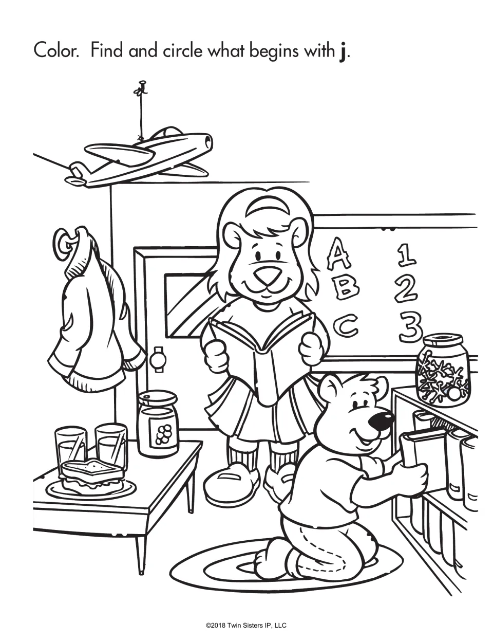 Letter j sounds: students color a bear classroom scene and circle things that begin with j, like a jacket, jam and a jet