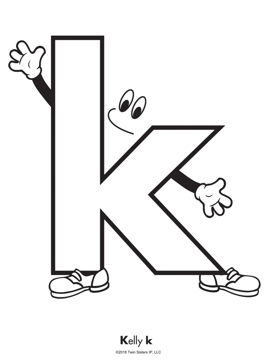 Letter k character page: a smiling lowercase k named Kelly k with waving hands and sneakers for students to color