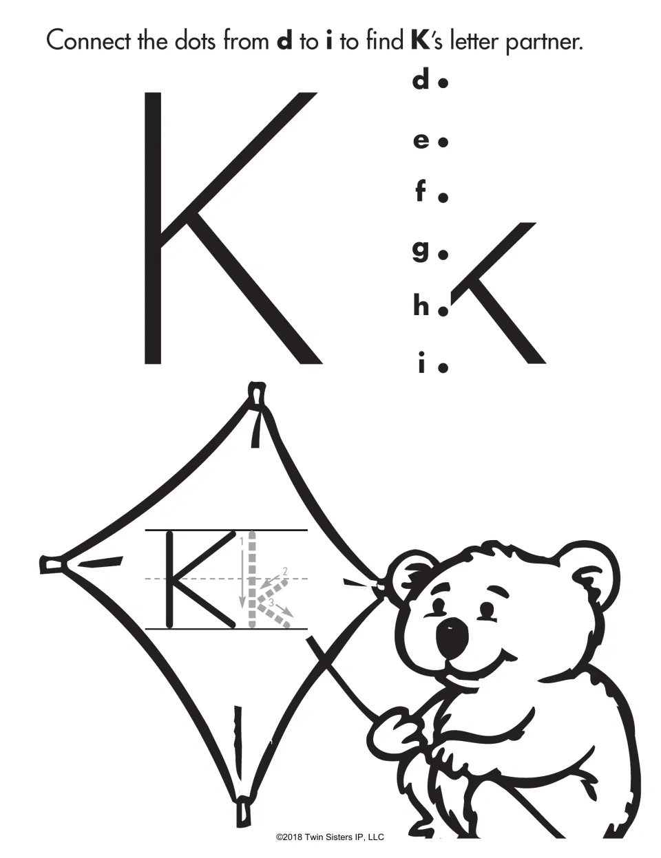 Letter Kk practice: students connect dots d to i to finish lowercase k, then trace k on a kite held by a koala