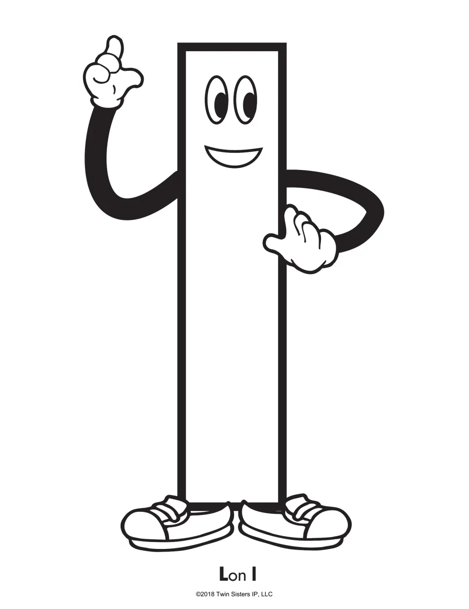 Letter l character page: a smiling lowercase l named Lon l pointing up, wearing sneakers, ready for students to color