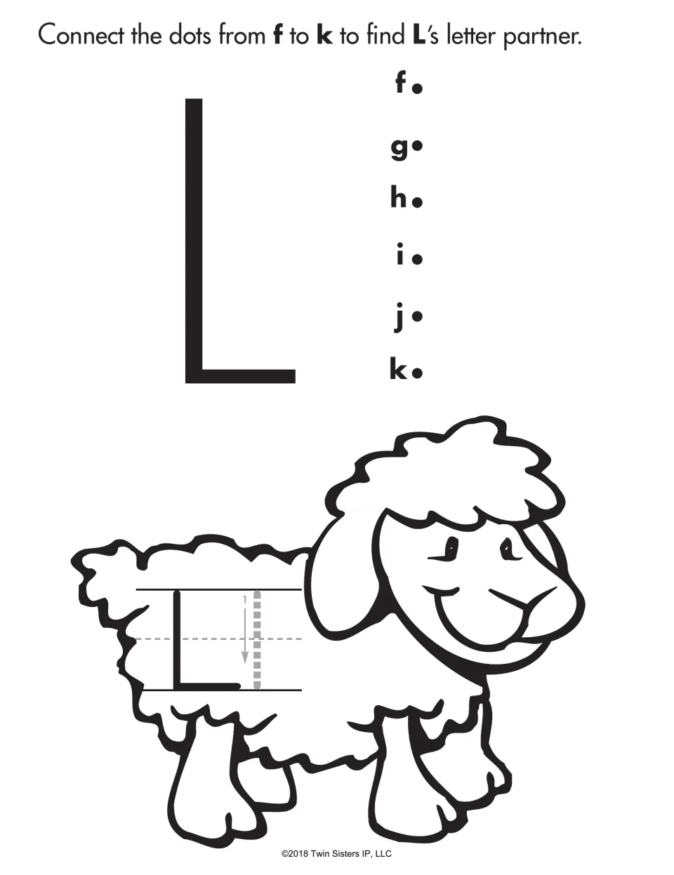 Letter Ll practice: students connect dots f to k to form lowercase l, then trace l on the wool of a smiling lamb