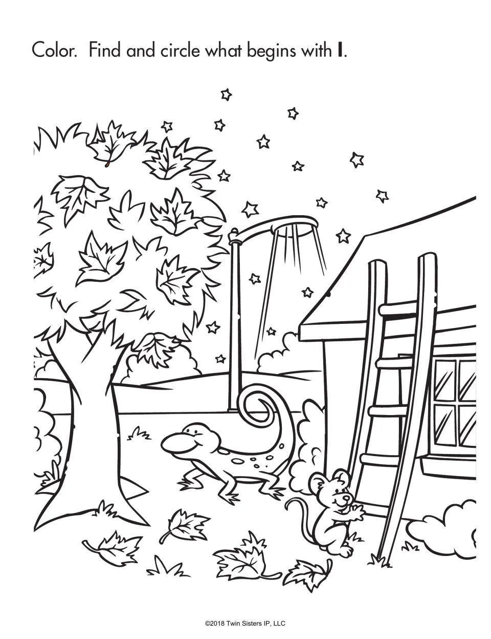 Letter l sounds: students color a night yard scene and circle what begins with l, such as leaves, a ladder and a lizard
