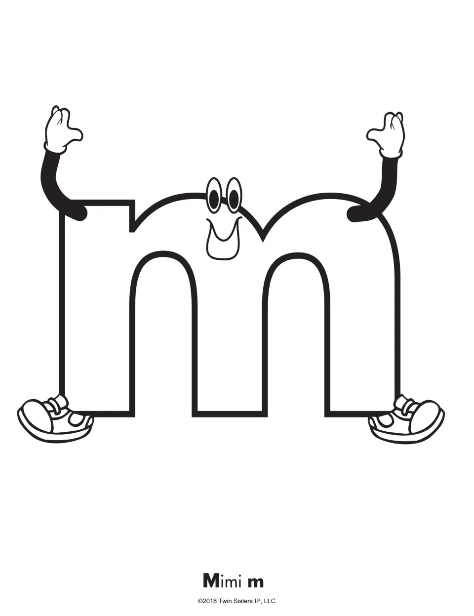 Letter m character page: a cheerful lowercase m named Mimi m with raised arms and sneakers for students to color