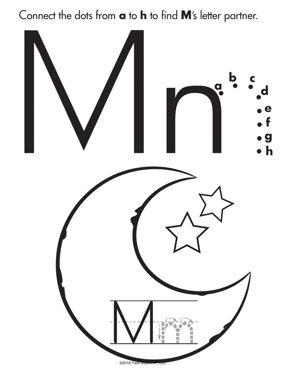 Letter Mm practice: students connect dots a to h to turn n into lowercase m, then trace m on a crescent moon with stars