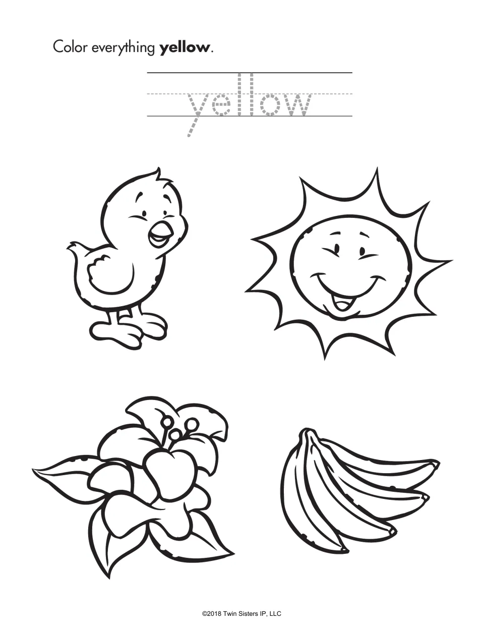 Color word yellow: students trace the word yellow, then color a chick, a smiling sun, a flower and bananas yellow