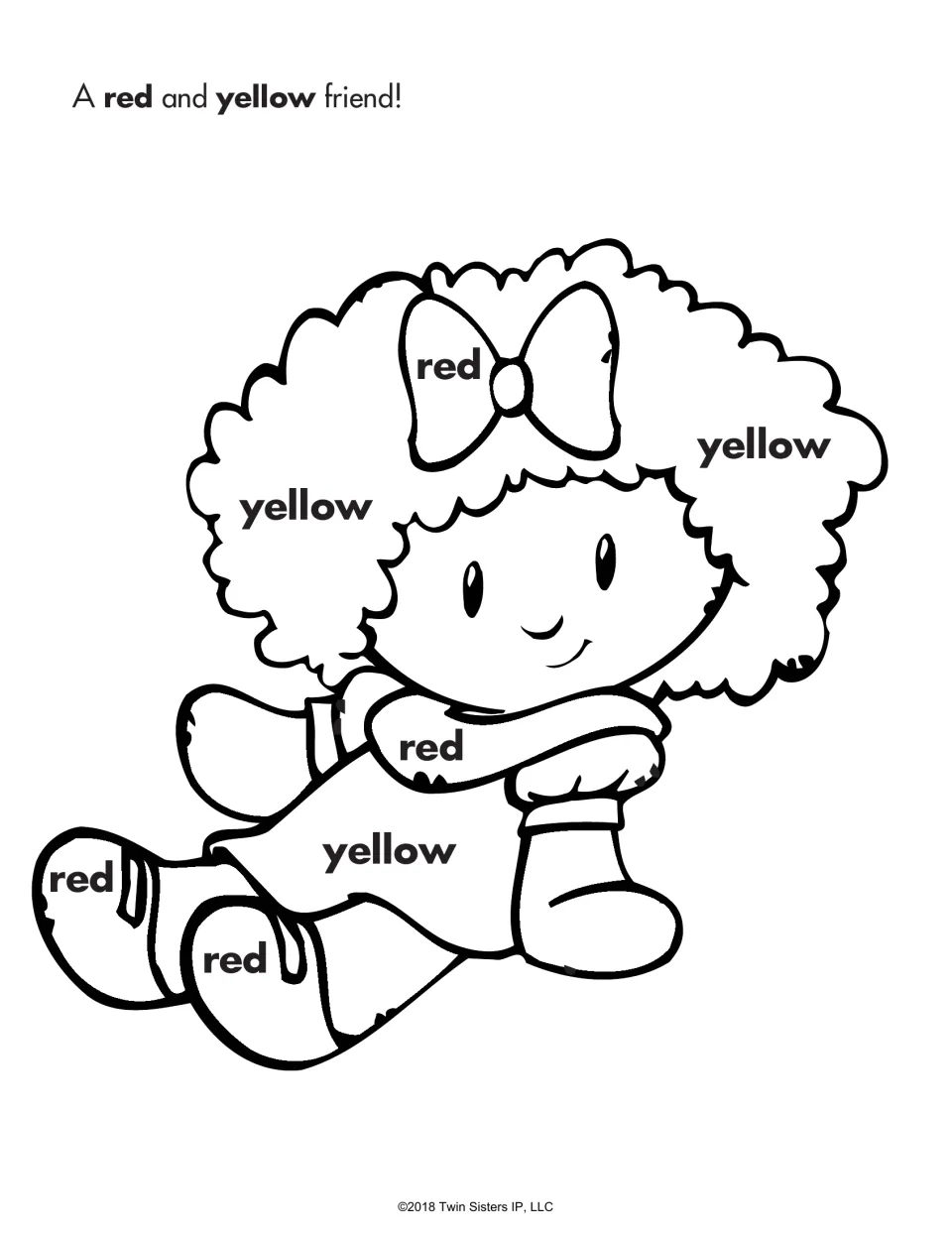 Color by word: students read red and yellow on a girl's bow, hair, sleeves, dress and shoes and color each part to match