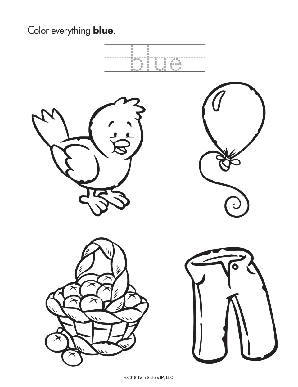 Color word blue: students trace the word blue, then color a bird, a balloon, a basket of berries and a pair of pants blue