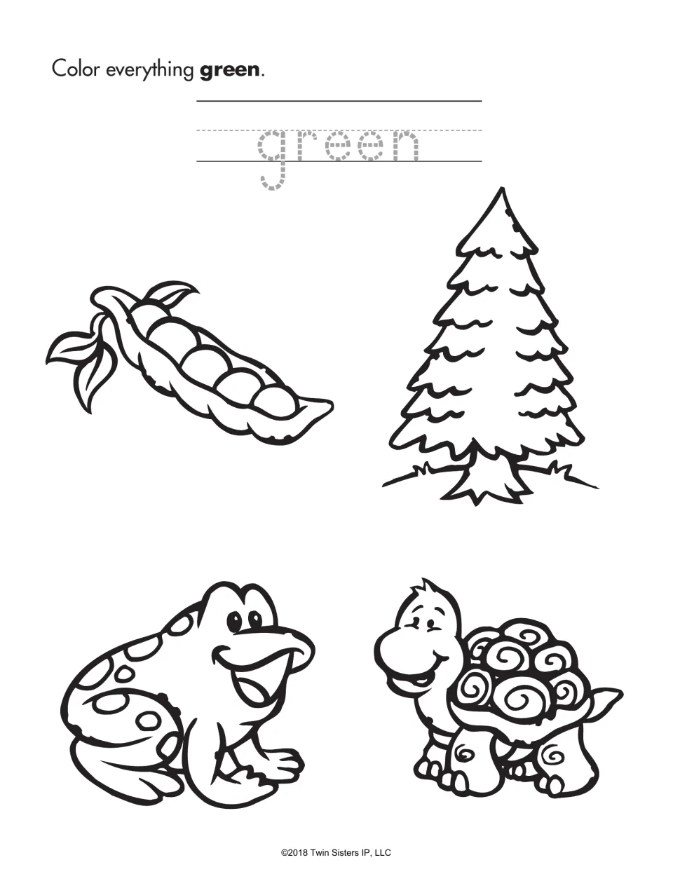 Color word green: students trace the word green, then color a pea pod, a pine tree, a spotted frog and a turtle green