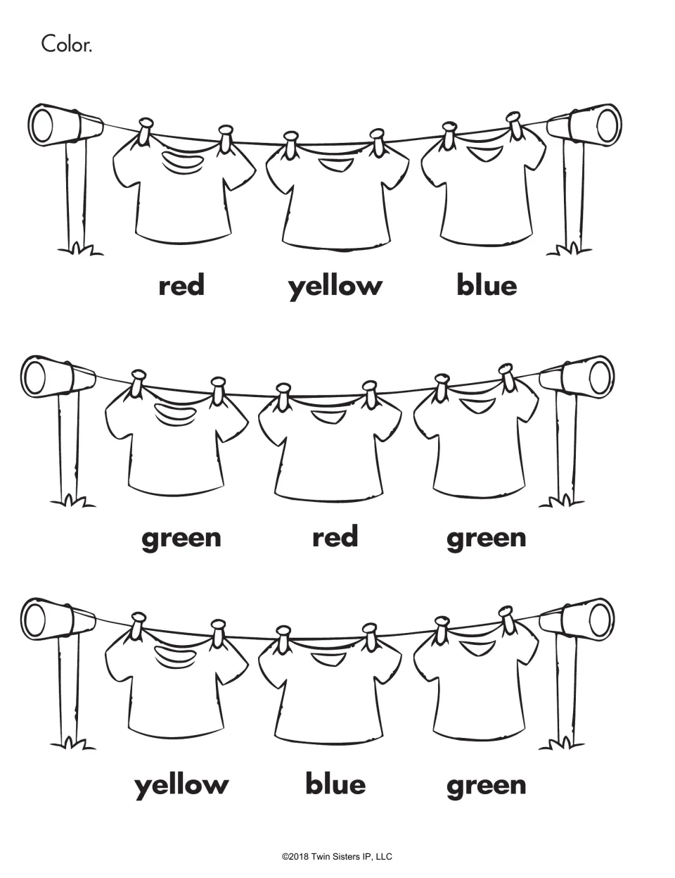 Color word reading: nine T-shirts on three clotheslines, each labeled red, yellow, blue or green to color to match