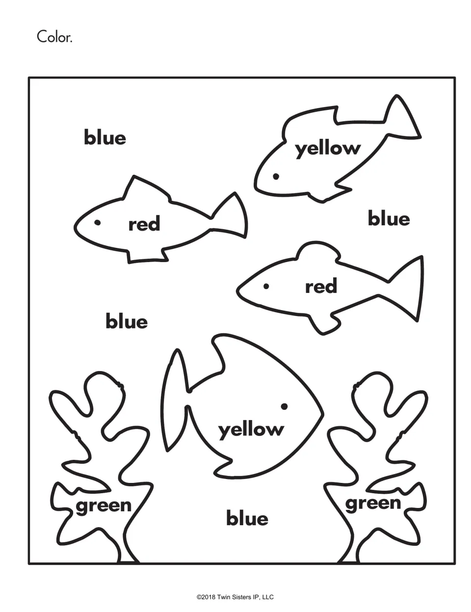 Ocean color by word: students color fish red and yellow, seaweed green and the water blue by reading the word in each part