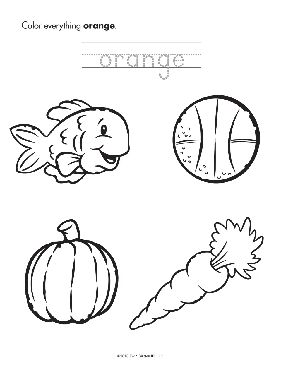 Color word orange: students trace the word orange, then color a goldfish, a basketball, a pumpkin and a carrot orange