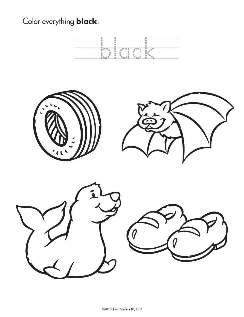 Color word black: students trace the word black, then color a tire, a bat, a seal and a pair of shoes black