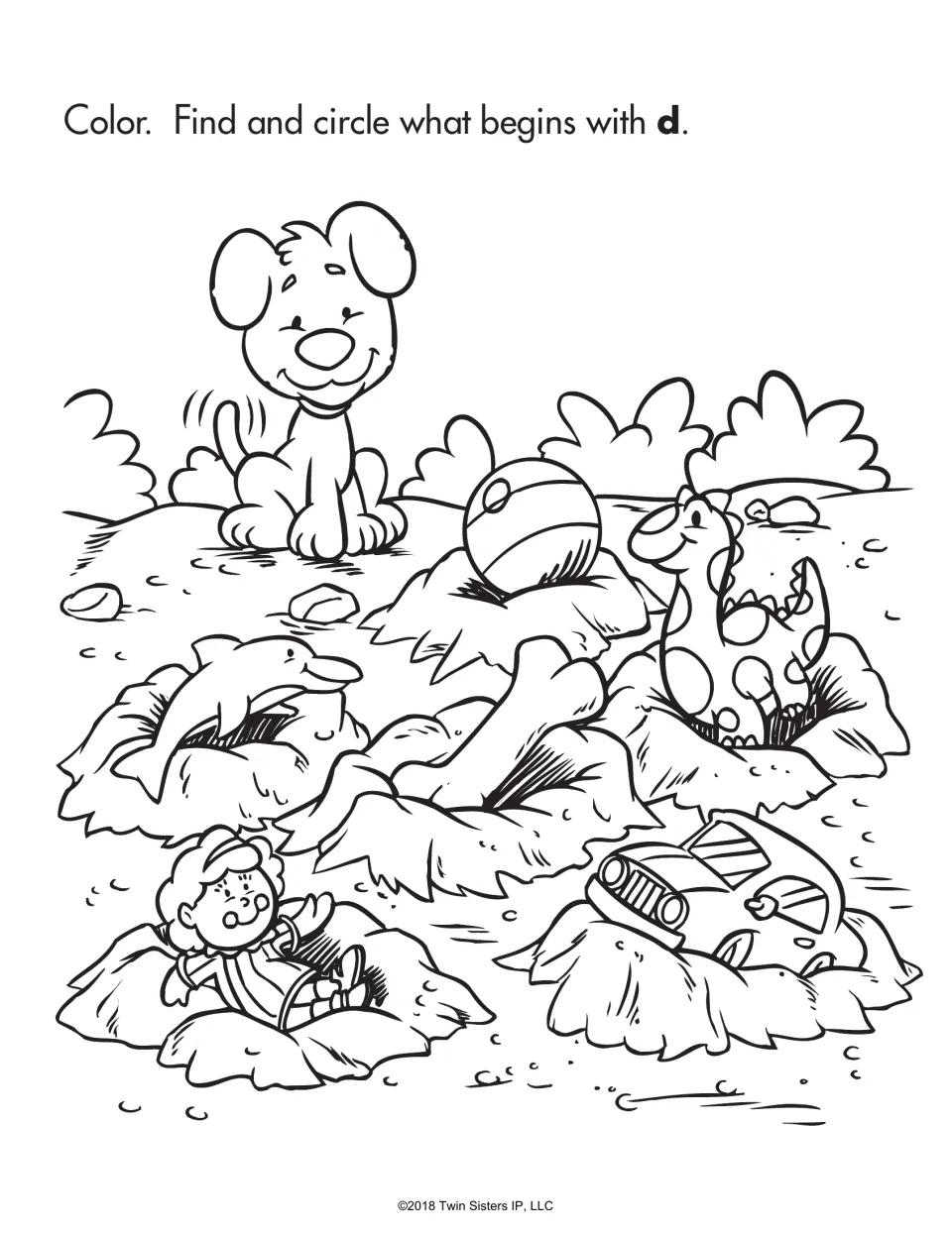 Letter d sounds: students color a scene of a dog, dolphin, dinosaur, doll, bone, ball and car and circle what begins with d