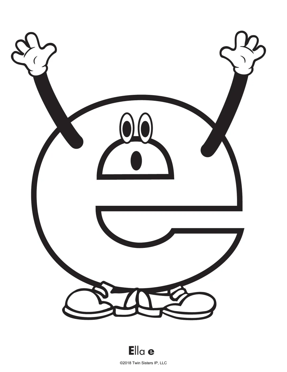 Ella e coloring page: a large lowercase e character with eyes, raised arms and sneakers for students to color in