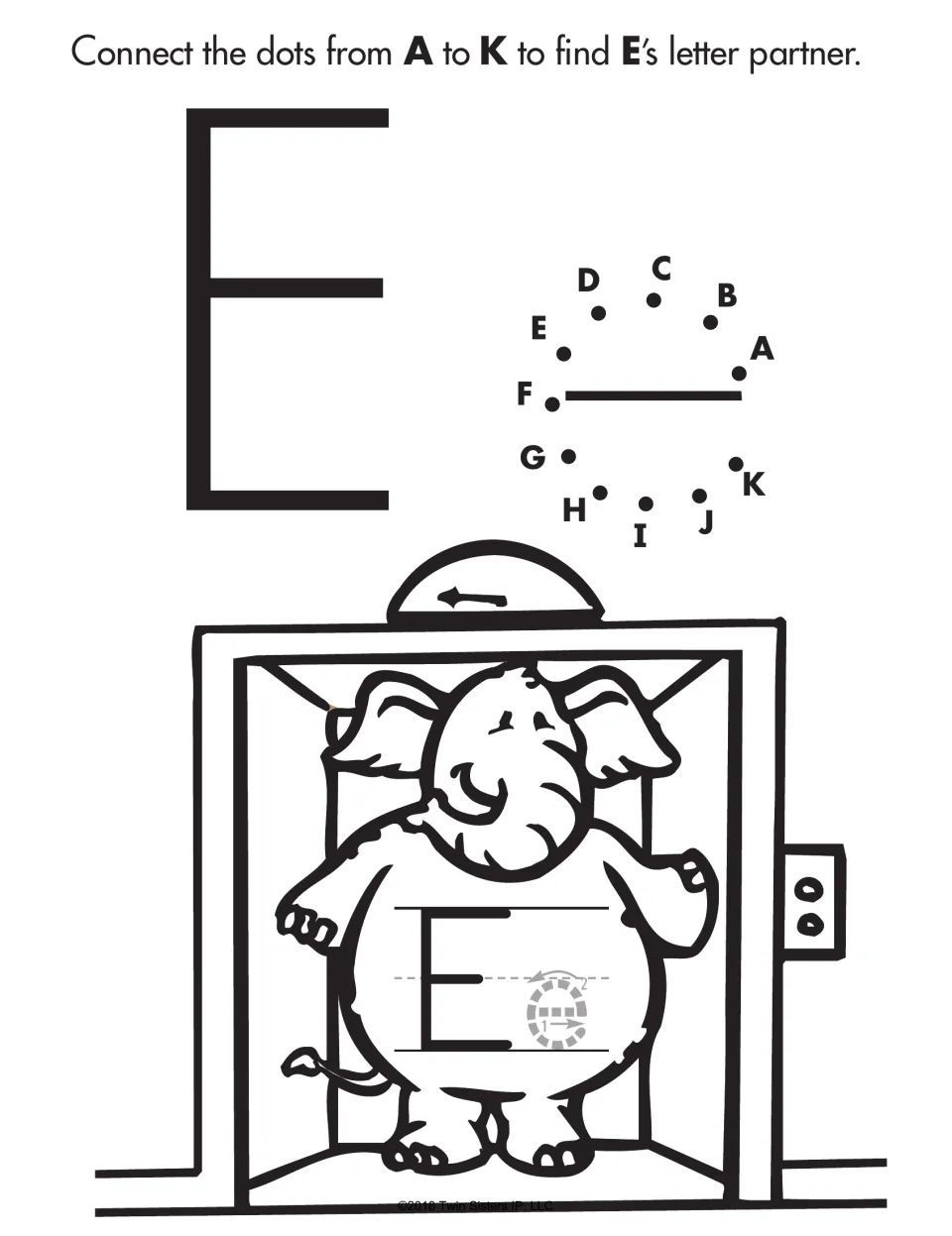 Letter Ee: students connect dots A to K to form lowercase e, then color an elephant in an elevator and trace E and e