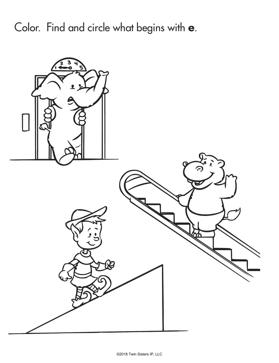 Letter e sounds: students color an elephant leaving an elevator, a hippo on an escalator and an elf, circling e words