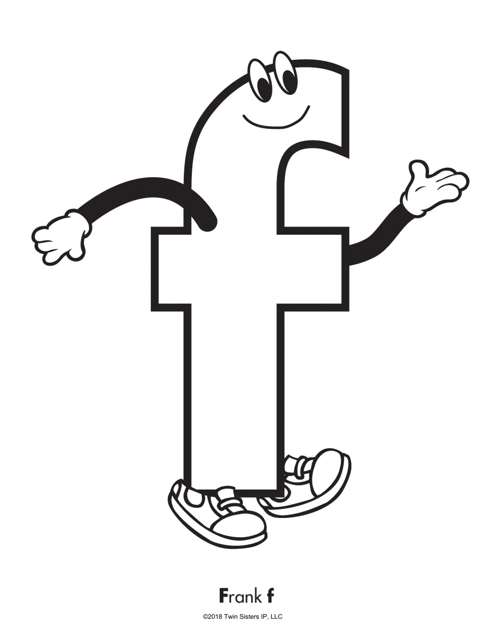 Frank f coloring page: a large walking lowercase f character with eyes, a smile, waving arms and sneakers to color