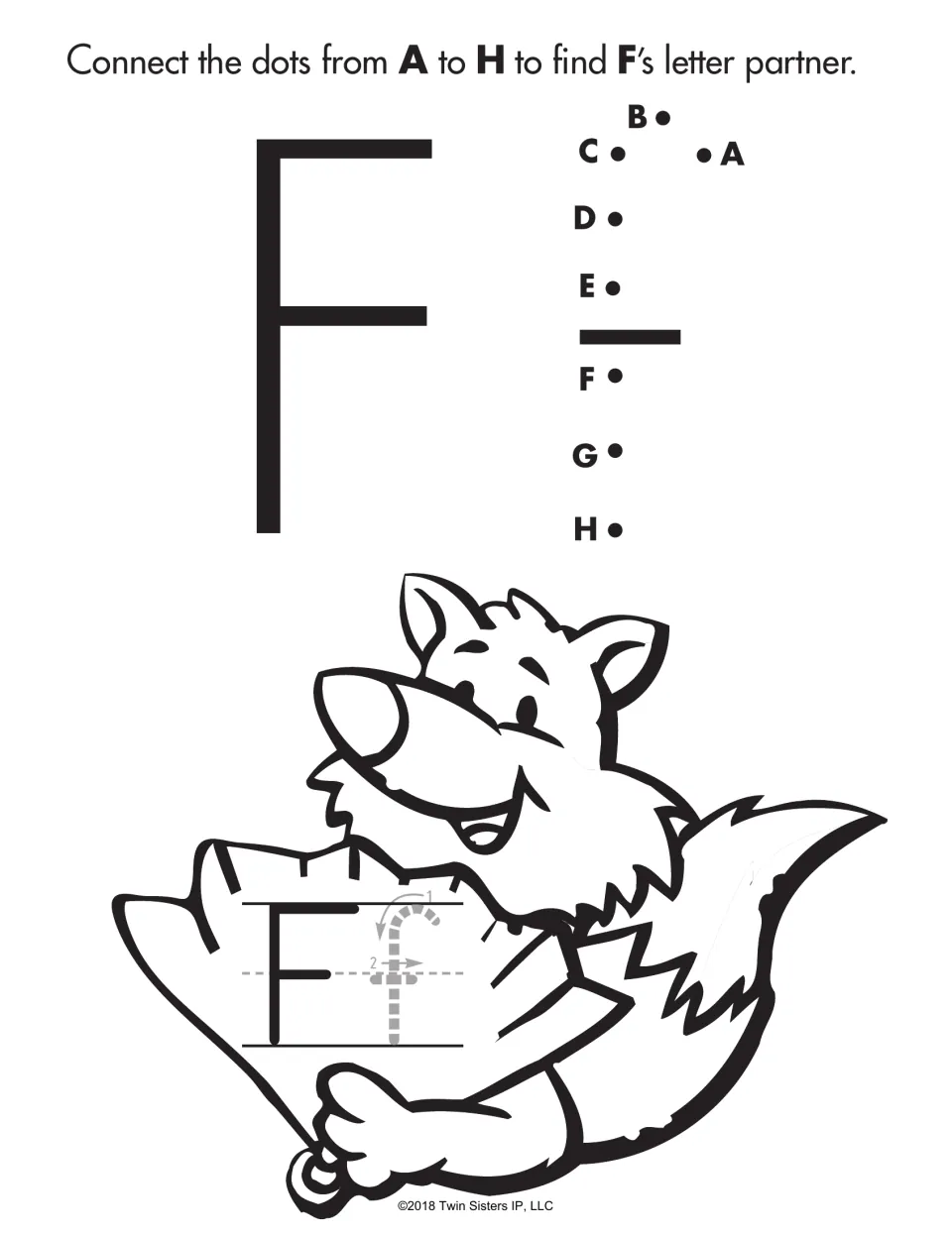 Letter Ff: students connect dots A to H to form lowercase f, then color a fox holding a sign and trace F and f