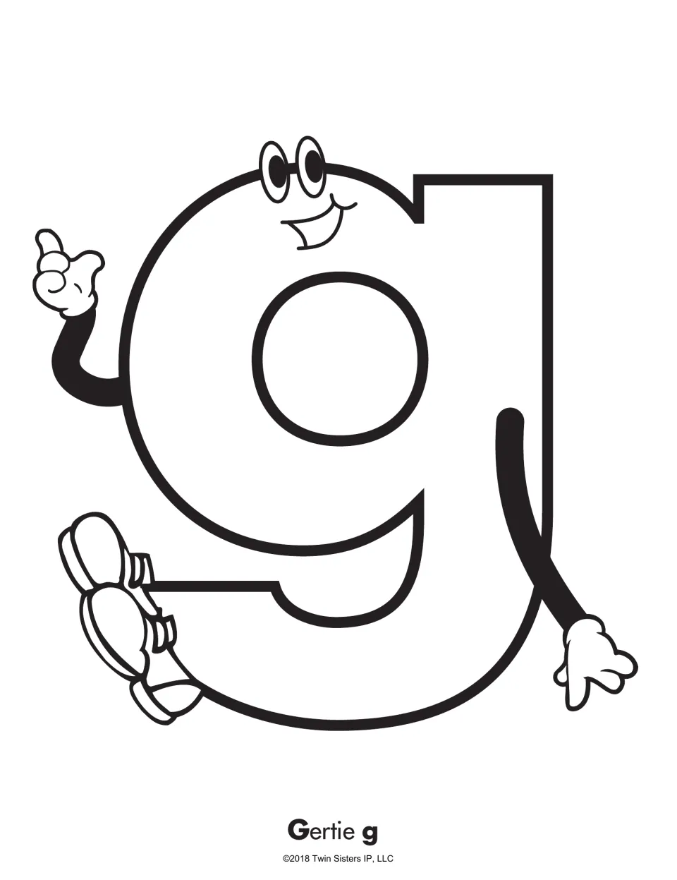 Gertie g coloring page: a large lowercase g character with eyes, a grin, a pointing hand and sneakers to color
