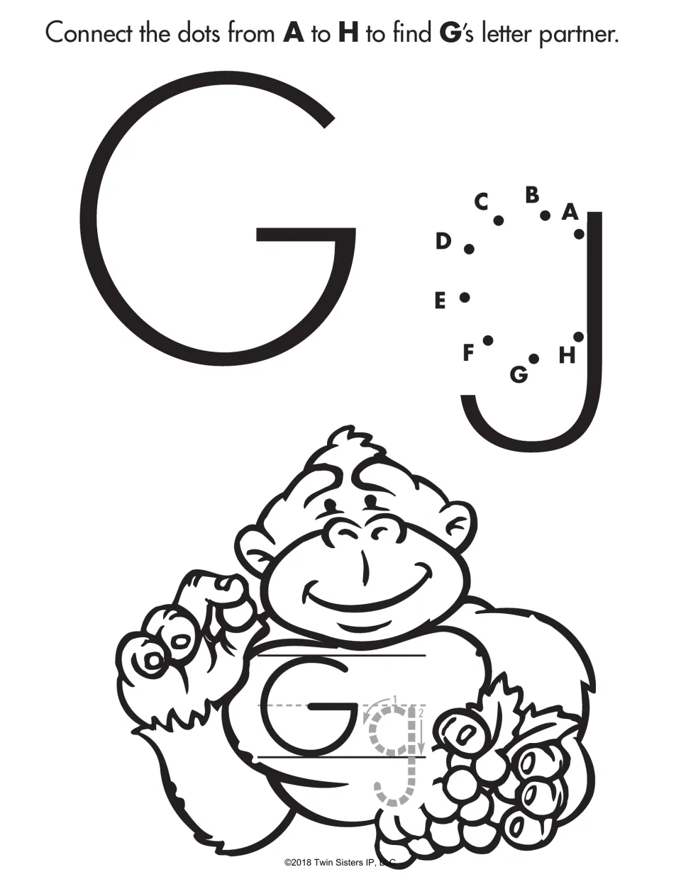Letter Gg: students connect dots A to H to form lowercase g, then color a gorilla holding grapes and trace G and g