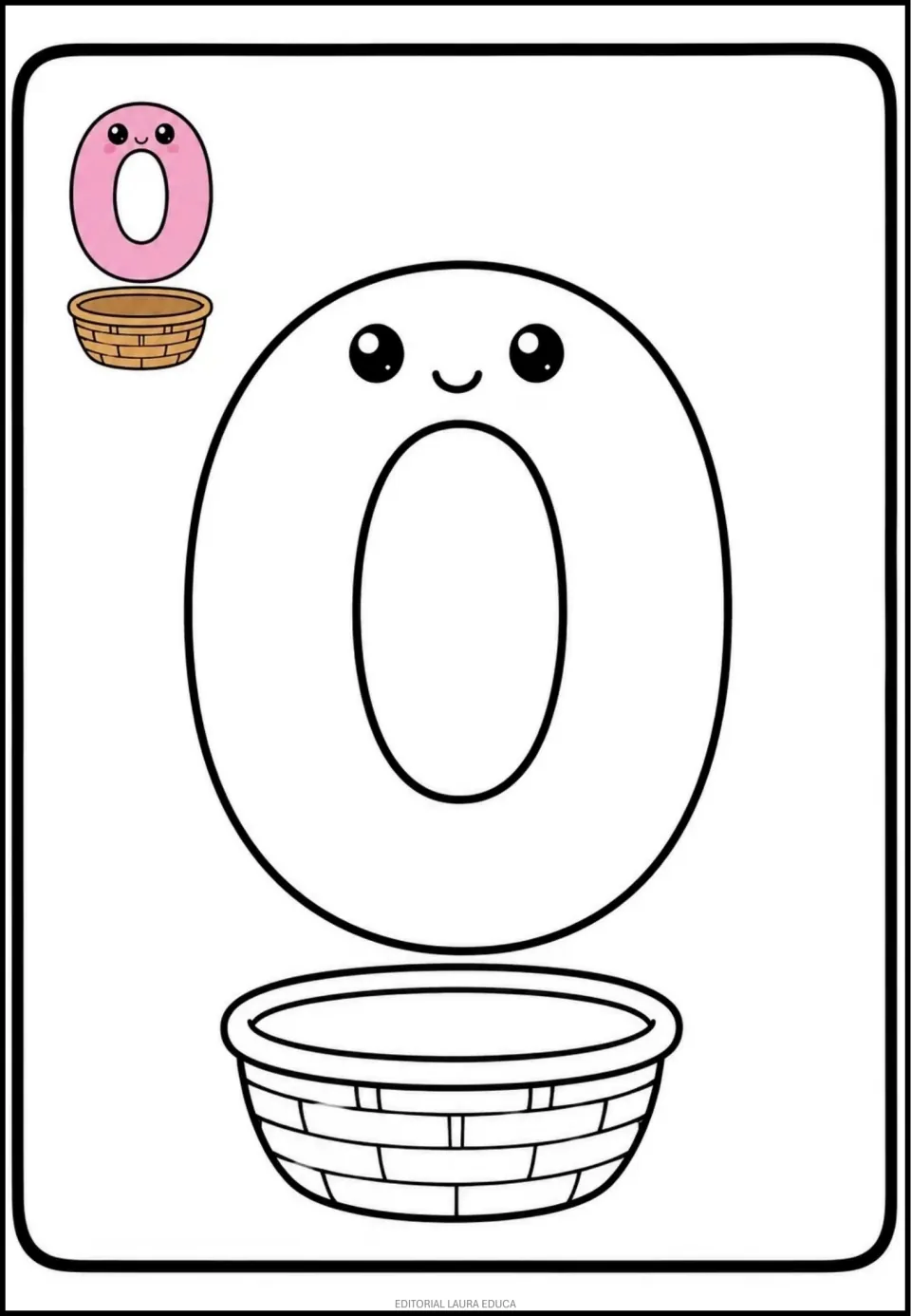 Number 0 coloring page in the mini book, featuring a large zero above an empty basket and a colored example