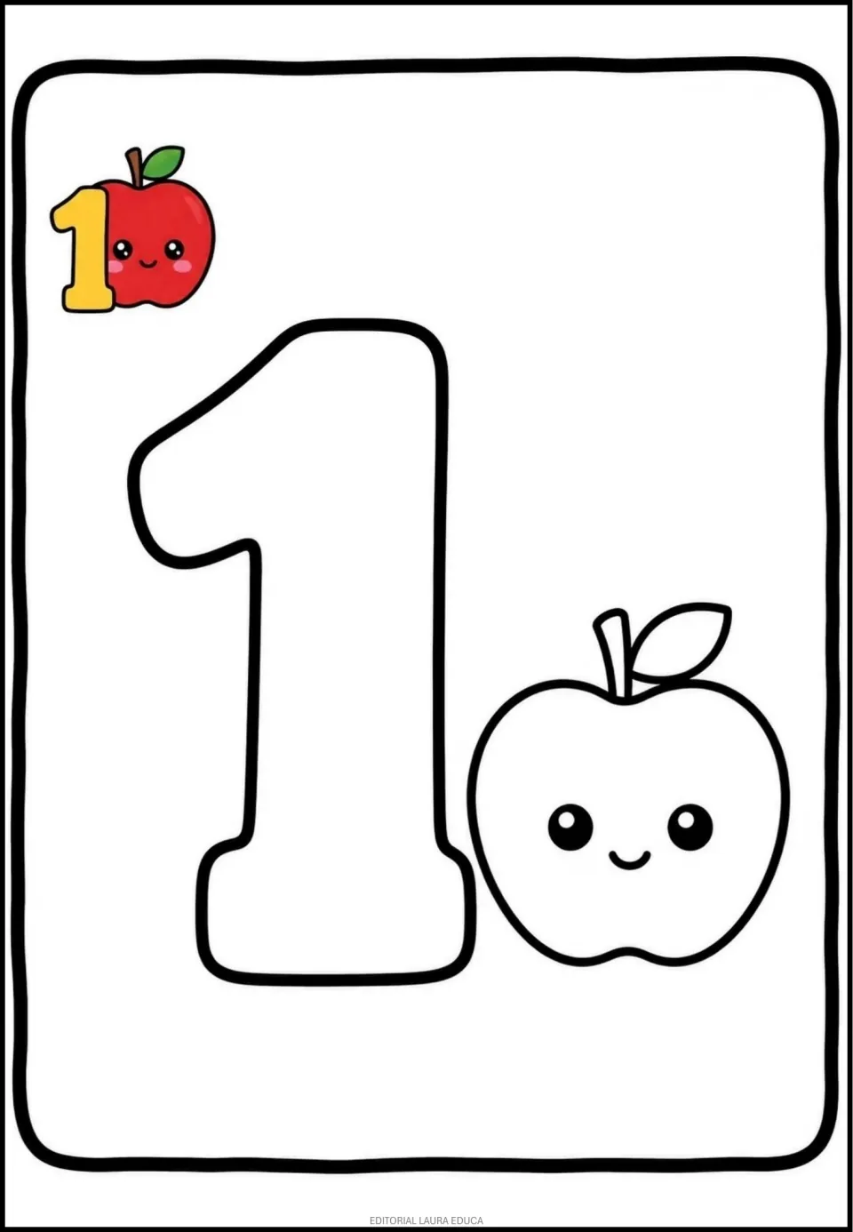 Number 1 coloring page in the mini book, featuring a large numeral and one apple beside a colored example