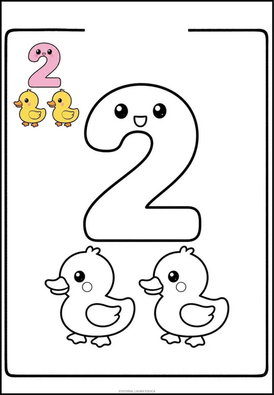 Number 2 coloring page in the mini book, featuring a large numeral and two ducks with a colored example