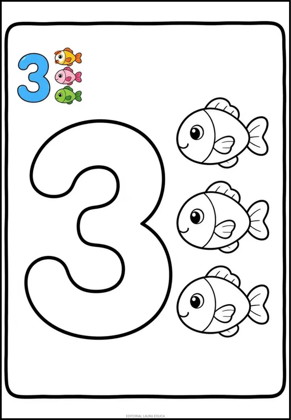 Number 3 coloring page in the mini book, featuring a large numeral and three fish with a colored example