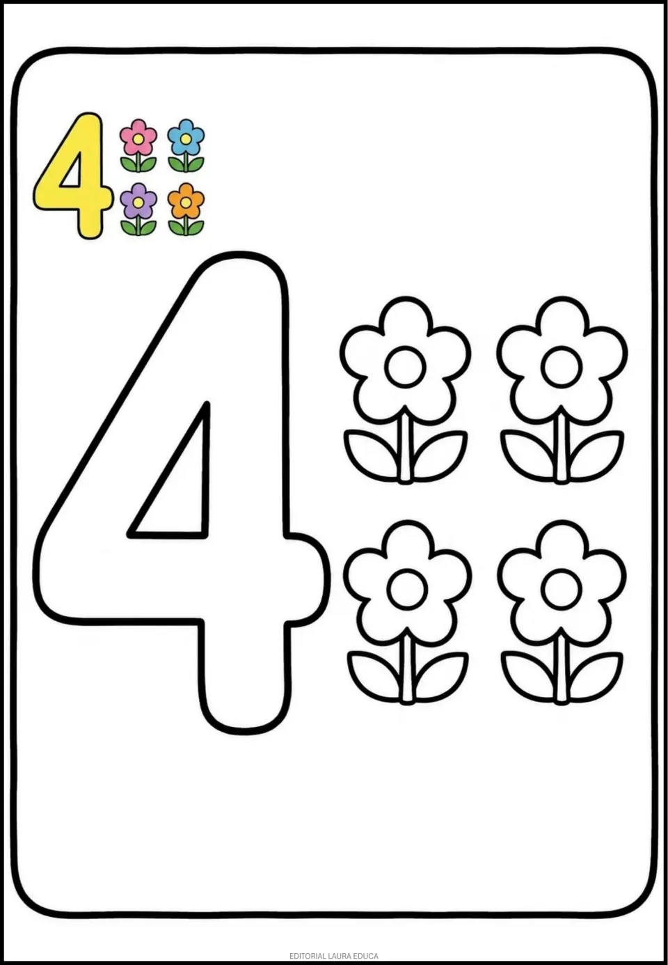 Number 4 coloring page in the mini book, featuring a large numeral and four flowers with a colored example