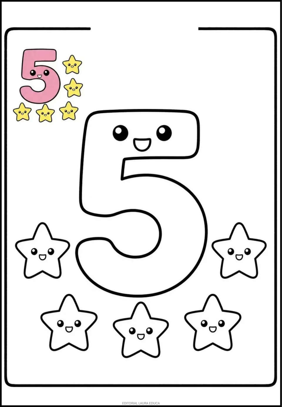 Number 5 coloring page in the mini book, featuring a smiling numeral and five stars with a colored example