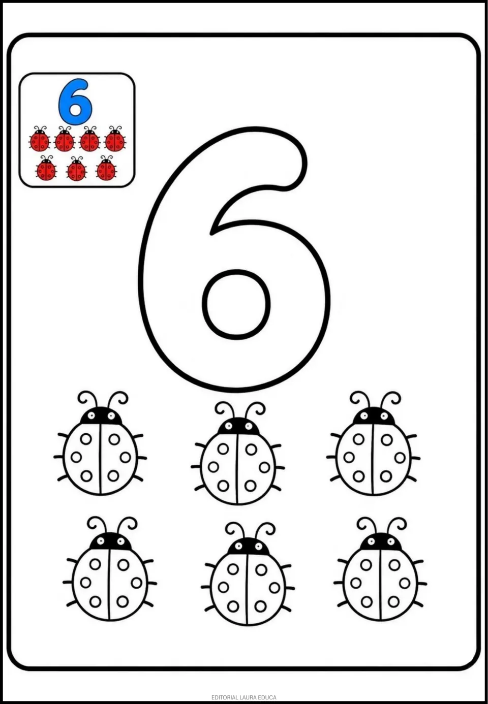 Number 6 coloring page in the mini book: six outlined ladybugs and a colored example showing seven ladybugs